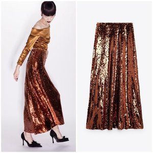 ZARA Orange Sequin Midi Skirt Flared Hem Long Mermaid